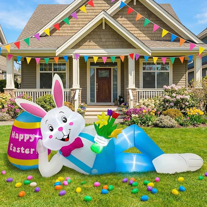 OurWarm 8FT Easter Inflatables Outdoor Decorations, Lying Inflatable Easter Bunny Decor with Egg, Easter Blow Up Yard Decorations with LED Lights, Easter Blow Ups for Outside Roof Lawn Yard Decor