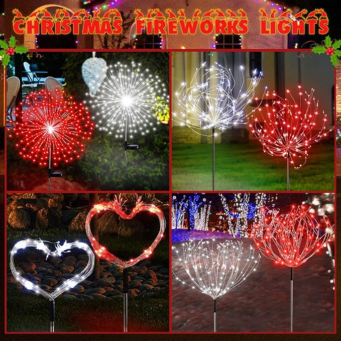 6 Pcs Solar Firework Stake Lights 180 LED 8 Modes Solar Waterproof LED Sparkler Lights Outdoor Decoration for Wedding Mother's Day Garden Patio Yard Pathway Walkway Lawn (Red, White)