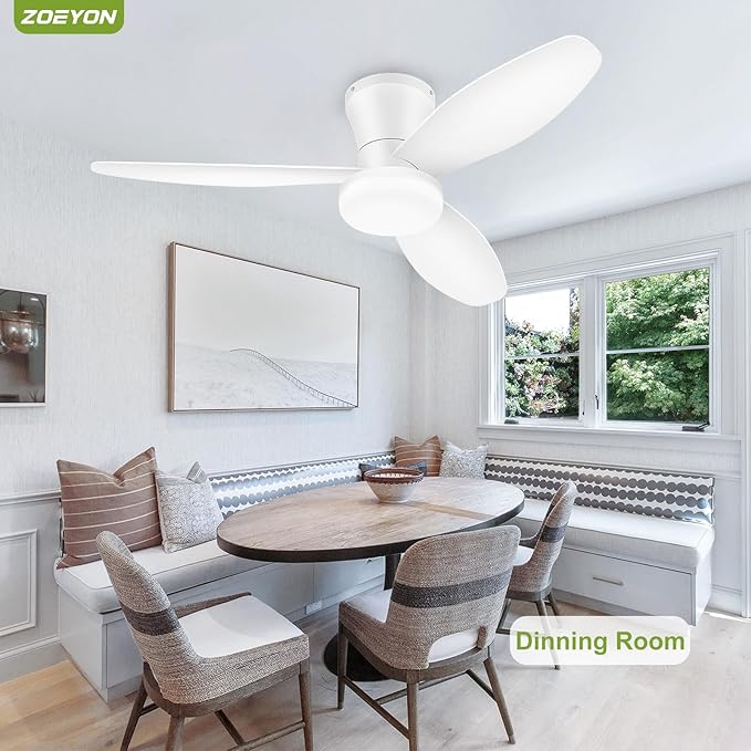 Small Ceiling Fan with Light - 42 Inch Flush Mount Ceiling Fan with Lights and Remote, Low Profile Ceiling Fans with 3 Reversible Blades, 6 Wind Speeds, White Ceiling Fans for Bedroom