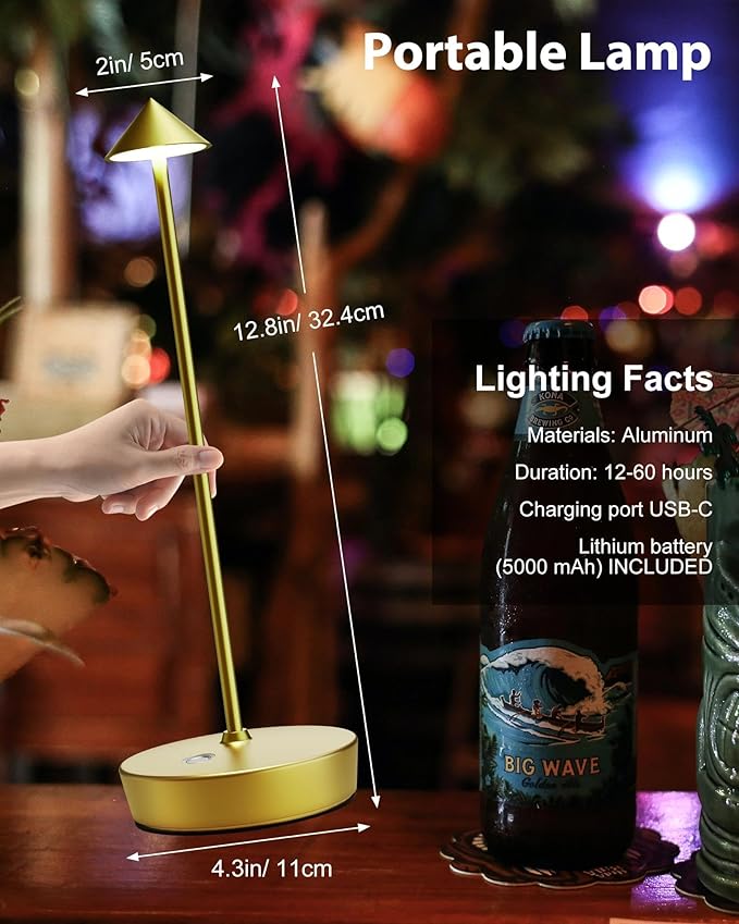 Cordless Table Lamps Rechargeable, 6000mAh Battery Operated LED Desk Lamp Outdoor Waterproof Portable Touch Dimmable Table Night Light for Patio Restaurant Dining Home Brass