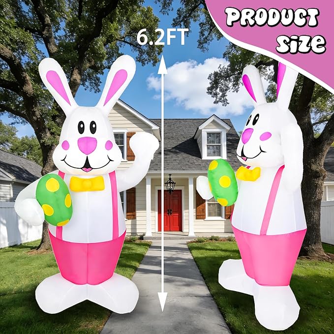 Dearsun 6.2FT H Adorable Easter Bunny Inflatables Outdoor Decorations Easter Bunny Blow up Yard Decorations with LED Lights for Holiday Party Indoor Outdoor Décor