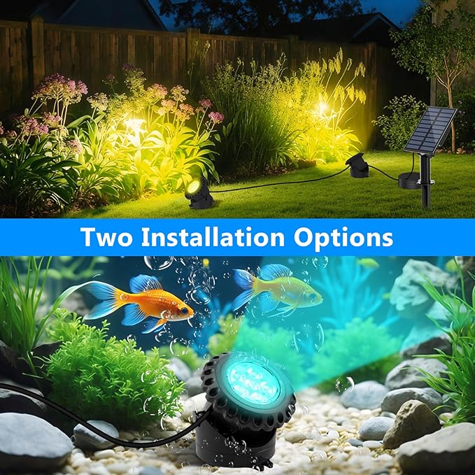 T-SUN Solar Pond Lights, 2 Headlamp RGB LED Spotlights, Underwater Submersible Fountain Lights Solar Fish Tank Light for Garden Fountain, Pond, Pool Decoration