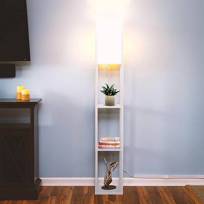 Brightech Maxwell - Modern Shelf Floor Lamp with Lamp Shade & Warm White LED Bulb, Corner Display Floor Lamp with Shelves for Living Room, Bedroom, Nightstand Office, Home Decor Storage - White