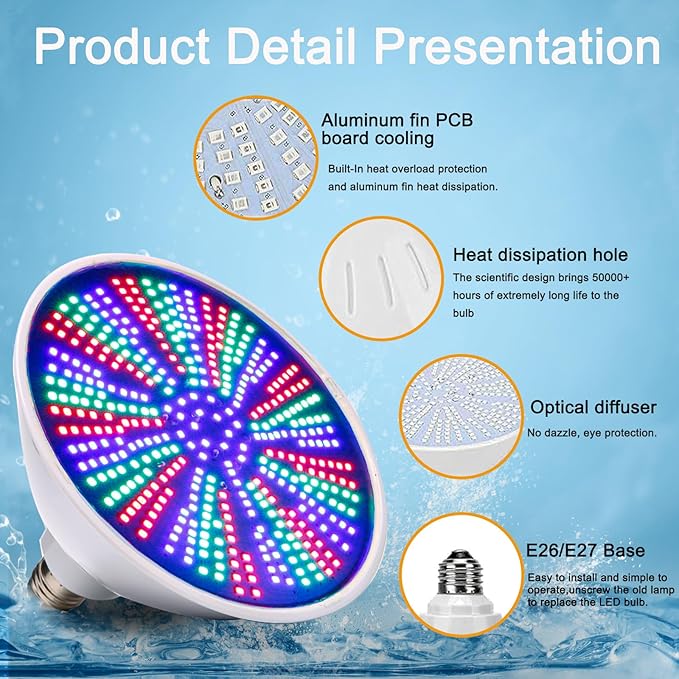 12V 50W LED Color Changing Pool Lights for Inground Pool, Swimming Pool Light Bulb with Remote, E26 Replacement Underwater Pool Lighting for Pentair and Hayward Light Fixtures, 1 Pack
