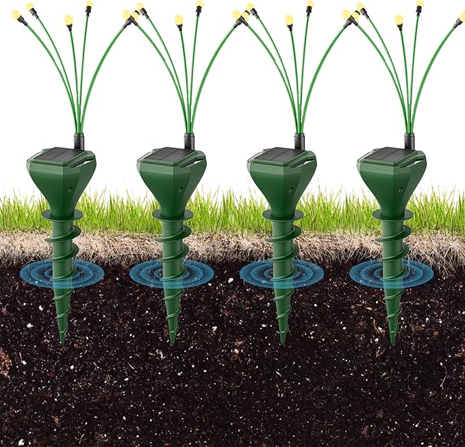 4 Pack Solar Mole Repellent Stakes for Lawn - Gopher Deterrent with Firefly LED Lights, Waterproof Outdoor Pest Control for Voles, Groundhogs, Snakes - Humane Pet Safe Solution