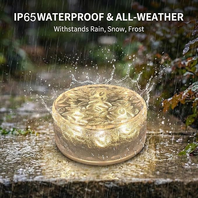 Solar Brick Lights Outdoor Waterproof - Recessed Solar Paver Lights, Ice Brick Design, No Wiring Needed,Landscape Lighting for Pathway,Garden, Patio, Yard, Driveway Decor (8, Warm White, Round)
