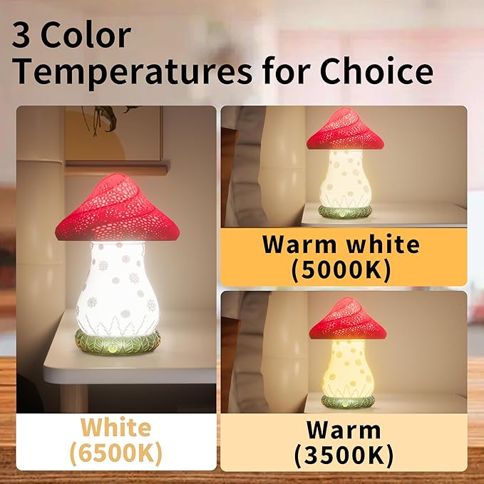 Mushroom Lamp, Battery Operated Bedside Lamp, 3-Way Dimmable Touch Lamp, Auto-Rotating Rechargeable LED Night Light for Bedroom, Living Room