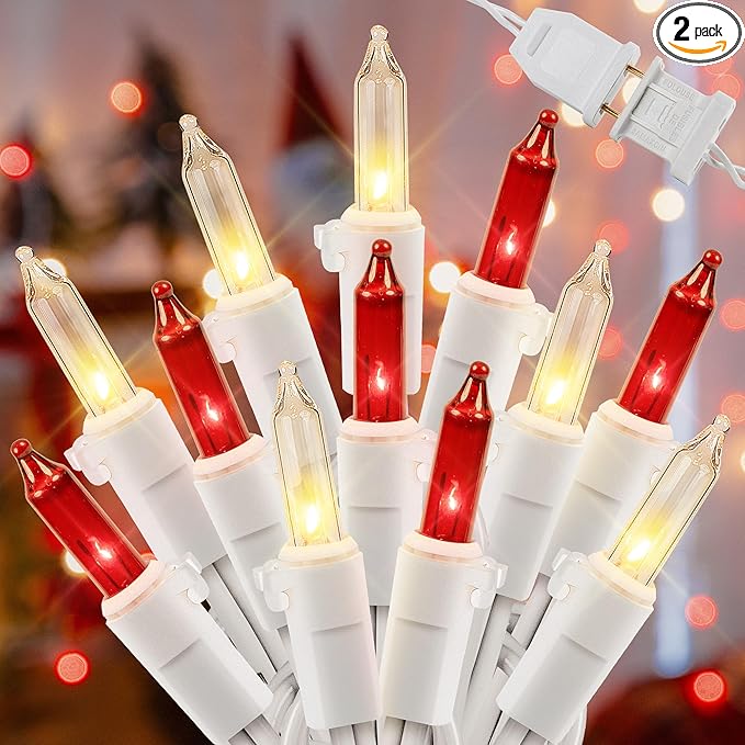 Hopolon Christmas Mini Lights, 2 Pack 13 FT 50 Count Plug in Christmas Tree Lights, 120V Waterproof Connectable White Wire String Light Set for Indoor Outdoor Valentines Day Wedding Decor Red & Clear