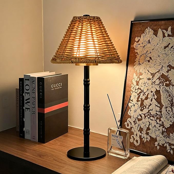 Mr.White Rechargeable Cordless Table Lamp with Wicker Shade, 5200mAh Battery Operated Portable Table Light with Touch Control, for Patio Restaurant Kitchen Dinner (Black)