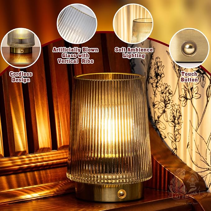 MJ Cordless Lamps Rechargeable Battery Operated Lamp Glass Table Lamp Portable Dimmable Brightness Adjust Decorative Dimmable Beside Small Lamp for Home Decor Livingroom Bedroom Kitchen Bathroom Grey