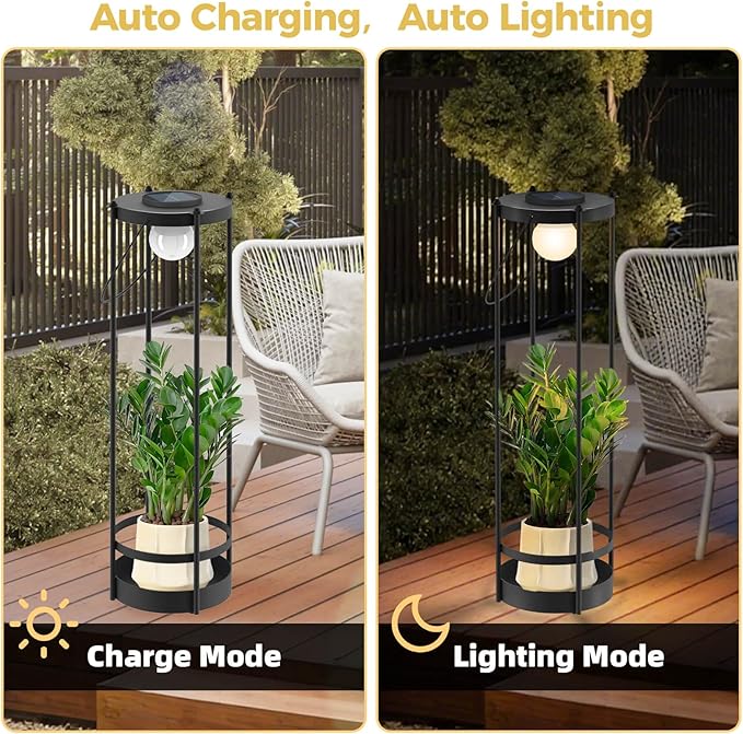 Outdoor Solar Floor Lamp with Plant Stand – Tall Solar Powered Patio & Garden Floor Light, Waterproof Standing Lamp for Yard, Porch & Outdoor Décor (35.5" H - 1Pack)