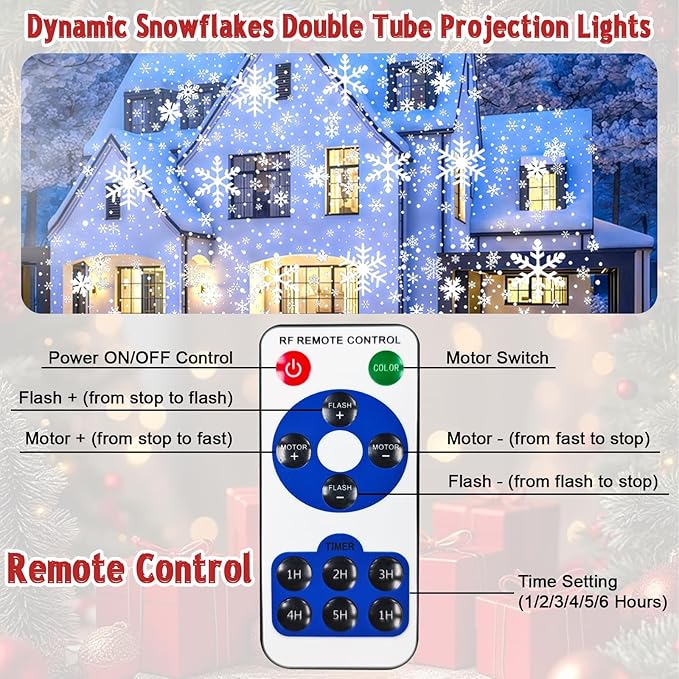 Christmas Snowflake Projector Lights Outdoor, Rotating Double Head Snowflake Light, Waterproof Snowfall LED Lights, Snow Lamp for Indoor Outdoor Christmas Party Garden Decorations (White Snow)