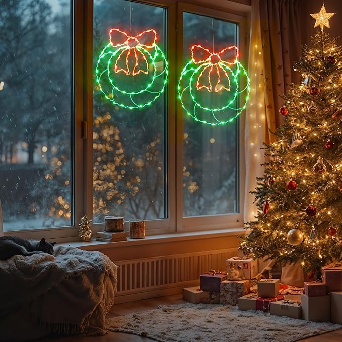 2 Packs Large Window Christmas Wreath Lights, Christmas Door Decorations with 160 LED Lights, Timer Remote Control USB and Battery Powered Home Decor, 8 Lighting Modes Party Decor