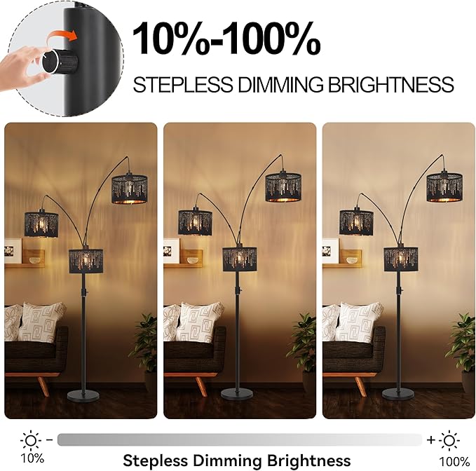 Dimmable Floor Lamp-3 Lights Arc Floor Lamps for Living Room,Modern Tall Standing Lamp With Black Drum Crystal Design Shades,Gothic Mid Century Tree Floor Lamp for Bedroom Corner,Bulbs Included