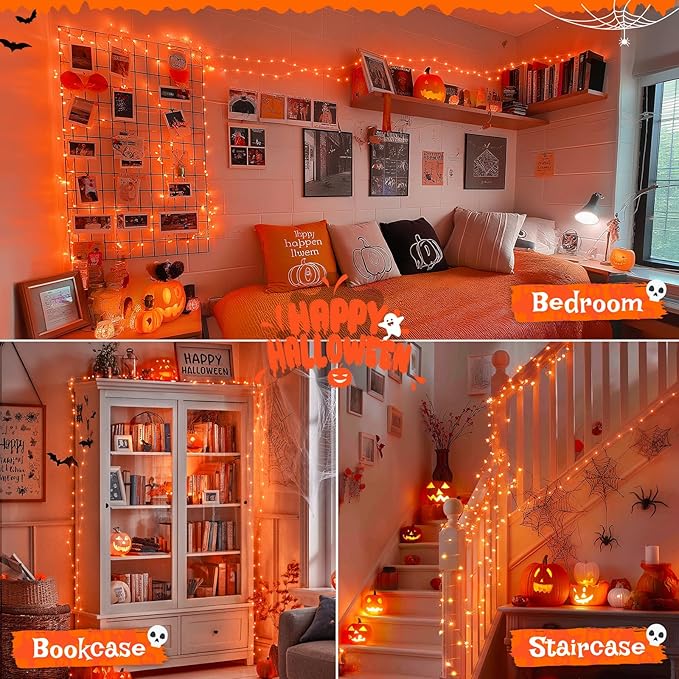 JMEXSUSS 2 Pack Orange Fairy Lights, Total 200 LED 66ft Battery Operated Halloween Lights with Remote, 8 Modes Twinkle String Light for Halloween Thangksgiving Fall Tree Indoor Outdoor Decoration