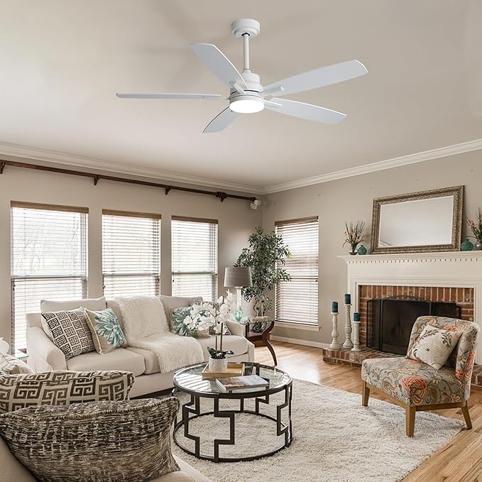 52" Remote Control Ceiling Fan with Light – 6-Speed Quiet DC Motor, Dimmable 3-Color LED, Flush Mount for Bedroom, Living Room, Dining Room,WHITE