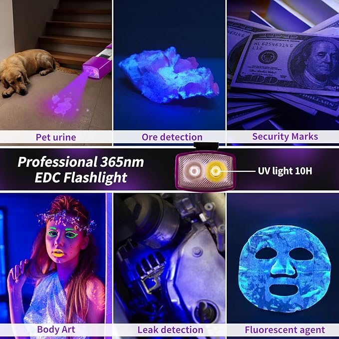 EDC Flashlight Rechargeable 365nm UV Flashlight with RGB, Mini Magnetic LED Flashlight 1500 Lumens Pocket Flashlight with Mode Memory for Working, Emergency, Pet Urine Detection (Purple)