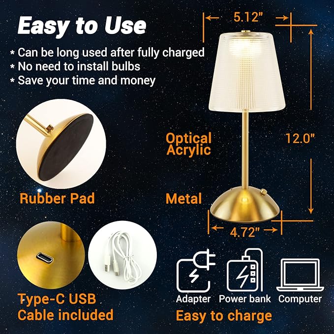Cordless Table Lamp, 4000mAh Rechargeable Battery Operated Lamp, 3 Color Modes & Stepless Dimmable LED Touch Lamp, Portable Retro Metal Beside Lamps for Home Desk Bedroom Restaurant(Gold)