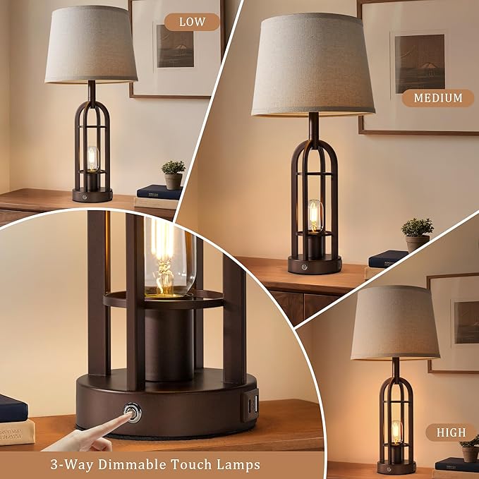 24" Table Lamps for Living Room Set of 2, Rustic Farmhouse 3-Way Dimmable Touch Industrial Bedside Lamps with USB A+C for Bedroom Nightstand，4 Bulbs Included
