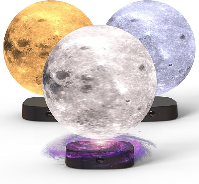 Moon Lamp, 6 inch 3D Printed Floating Moon lamp, auto Light up with self Rotating, Moon Light lamp for Kids (Black Base)
