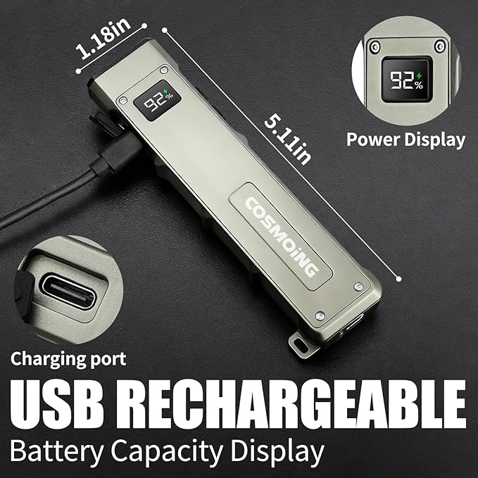 Rechargeable EDC Flashlight, 1800 Lumens Flat Flashlight 9 Mode with White LED/UV/RGB Modes, Magnetic Clip-on Pocket Flash Lights for Camping, Emergency, Repair, Pet Urine, Working - Gunmetal