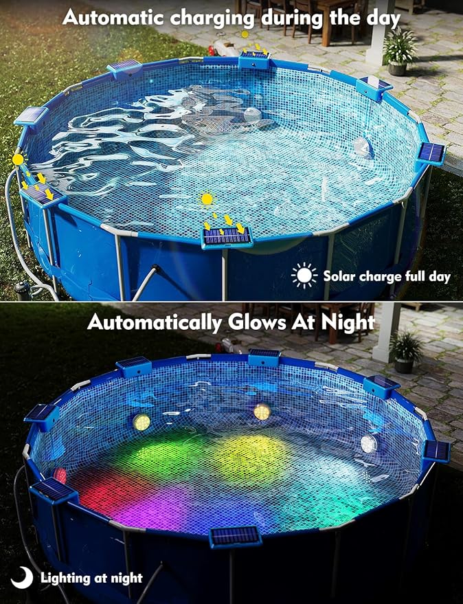 Solar Pool Lights, Solar Powered Submersible LED Lights with Remote IP68 Waterproof, Swimming Pool Light, 16 Colors Pool Light for Frame Above Ground Inground Pool, Pond (Blue, 2 Pack)