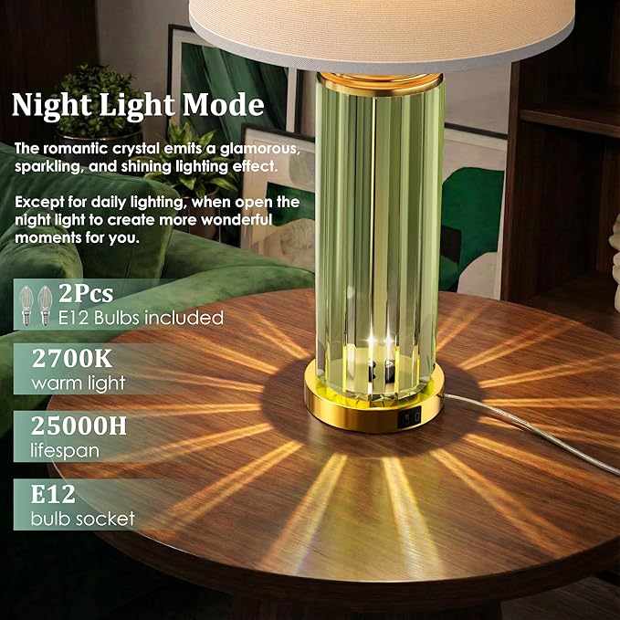 QiMH Gold Table Lamps for Bedroom Set of 2 with Nightlight, Modern Bedside Lamp with USB A+C Charging Port, Green Nightstand Lamp for Living Room White Shade, 2 Bulbs Included