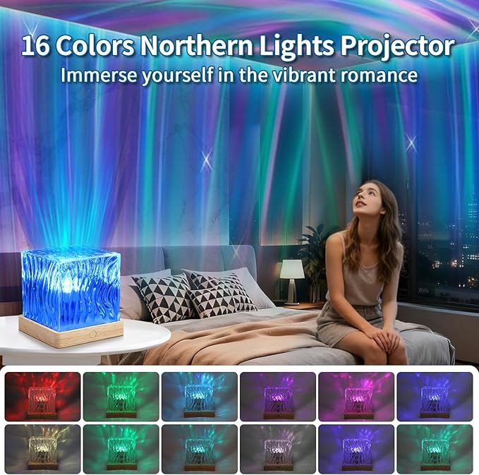 Northern Lights Projector, Luminorth Cube 16-Color Dynamic Water Ripple Mood Light with Ocean Wave Projection for Ceiling, Dimmable Ambient Night Light, Romantic Bedroom Decor and Gift for Teens
