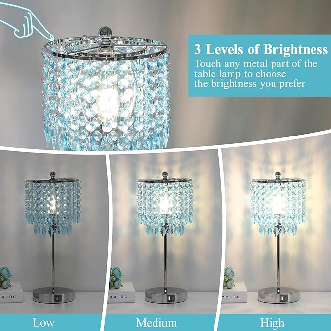 Boncoo Crystal Table Lamp with Touch Control and Dual USB Ports - 3-Way Dimmable Bedside Light with Teal Lamps Shade for Living Room Bedroom, Elegant Home Decor - LED Bulb Included