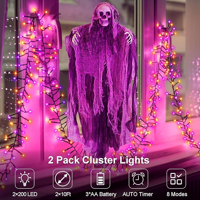 Purple Orange Halloween String Lights Battery, Total 20Ft 400 LED Cluster String Lights with Timer 8 Modes Firecracker Lights Outdoor Waterproof for Tree Home Decor