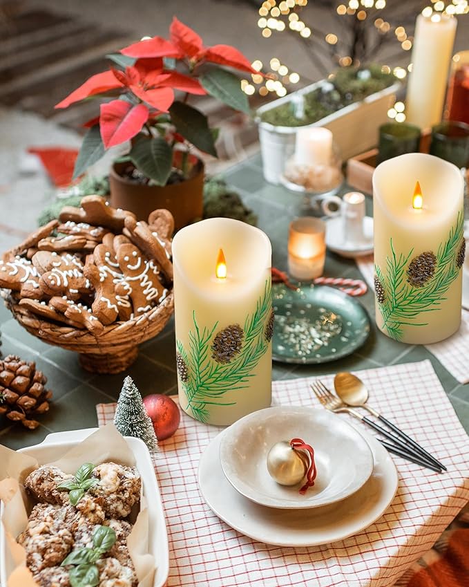 Embossed Pinecone Flameless LED Candle-Realistic Flickering Flame-Battery-Operated Candle with Remote Timer-Real Wax - unscented - Home - Holiday Decoration (3" x 6 ")
