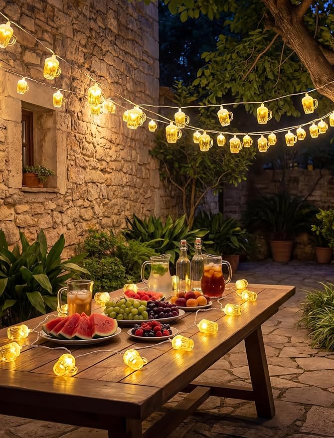 LED Beer Mug String Lights for Patrick's Day, 8.5Ft Tropical Beach Theme Fairy Lights Plug in with 10 3D Beer Cup Bulbs, Summer Hawaiian Outdoor Decor for Camping Tent Holiday Party Garden