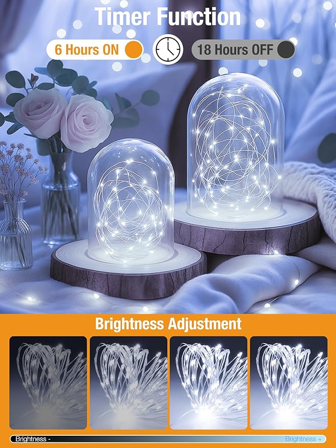 btfarm 4 Pack Fairy Lights Battery Operated with Timer, 16.4 FT 50 LED Silver Wire Twinkle String Lights 8 Modes Dimmable Waterproof for Indoor Christmas Bedroom Wedding Decorations, Cool White