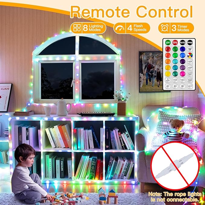 Ollny USB Rope Lights Indoor Color Changing, 33FT 100 LED String Lights with Remote, 18 Colors Christmas Light for Indoor Bedroom Party Wedding Holiday Decorations