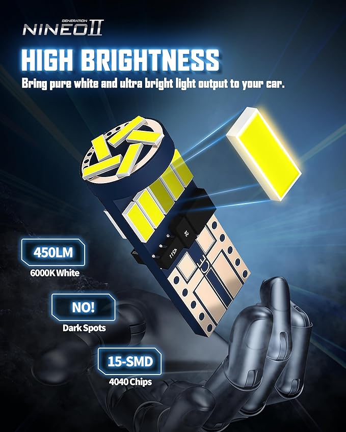 NINEO T10 LED BULBS 10 PCS, 194 921 168 w5w with 15-SMD 4014 Chips 6000K White for Car Interior Backup Tail Dome Backup Reverse License Plate Courtesy Side Marker Parking Trunk Glove Box Light Bulbs