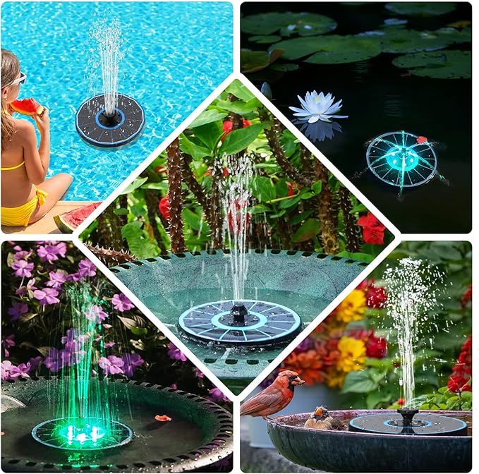 Solar Fountain New, 3.5W Solar Bird Bath Fountains with Glass Panel, 2200 Battery, Hummingbird Water Features with Color LED Lights, 8 Spray Modes & 4 Fixed Pipes for Garden, Pool, Pond