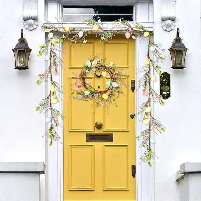 JUNEBRUSHS 6 FT Lighted Easter Egg Garland, Artificial Floral Spring Garlands for Mantle Fireplace Garland for Spring Home Decor Easter Party Indoor Outdoor Decoration