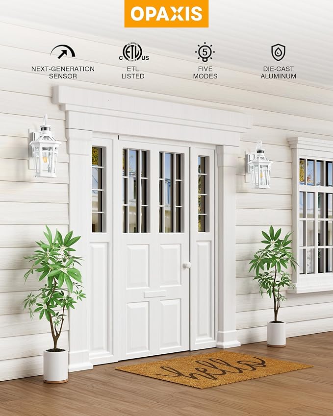 Motion Sensor Outdoor Wall Lantern, White Outdoor Lighting Fixtures Wall Mount, Dusk to Dawn Exterior Sconce Lights with Beveled Glass, Waterproof Exterior Front Porch Lights for Garage, Coach