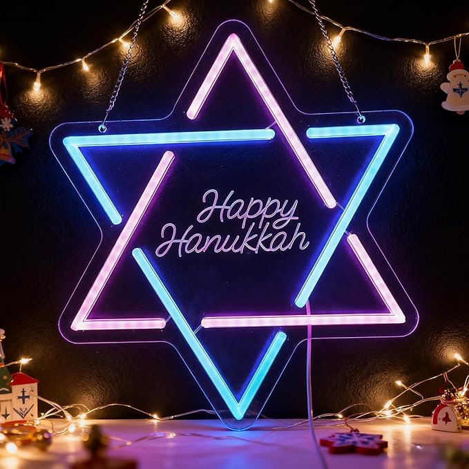 Hanukkah Neon Sign, David Star Pink Blue Gradient LED Light with 'Happy Hanukkah' Lettering, Indoor Holiday Decoration for Home Party