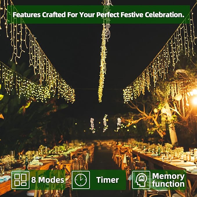 1296 LED Outdoor Christmas Lights with 288 Drops, 131FT ChristmasLights with 8 Modes Timer, Christmas Twinkly Lights IP44 Waterproof for Eaves Yard Room Holiday Wedding Party Decor Warm White