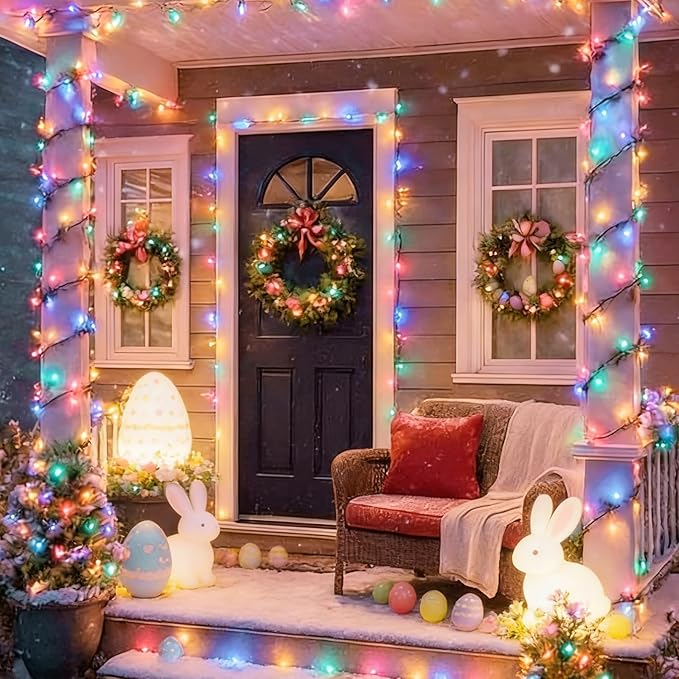 LAMPHOME Pastel Easter Lights String, Multicolor Christmas Mini Light, 32.5FT 100 LED with 16 Light Modes Green Wire, Fairy Lights Plug in for Outdoor Xmas Trees Garland Wreath Holiday Decorations