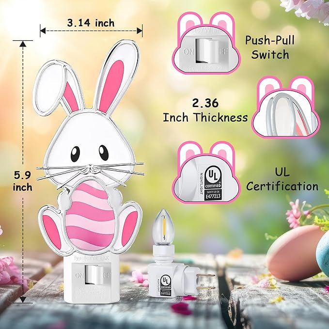 Easter Bunny Night Light Plug Into Wall, Resin Bunny Egg Light Decoration with C7 LED Bulb, Decorative Holiday & Valentine Night Lights for Bedroom Bathroom Living Room