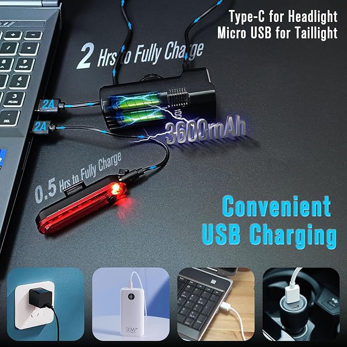 Super Bright Real 2000 Lumens Bike Lights for Night Riding,Rechargeable Bicycle Lights Front and Rear,Road Mountain Bike Headlight and Taillight,IP65 Waterproof Bicycle Headlight