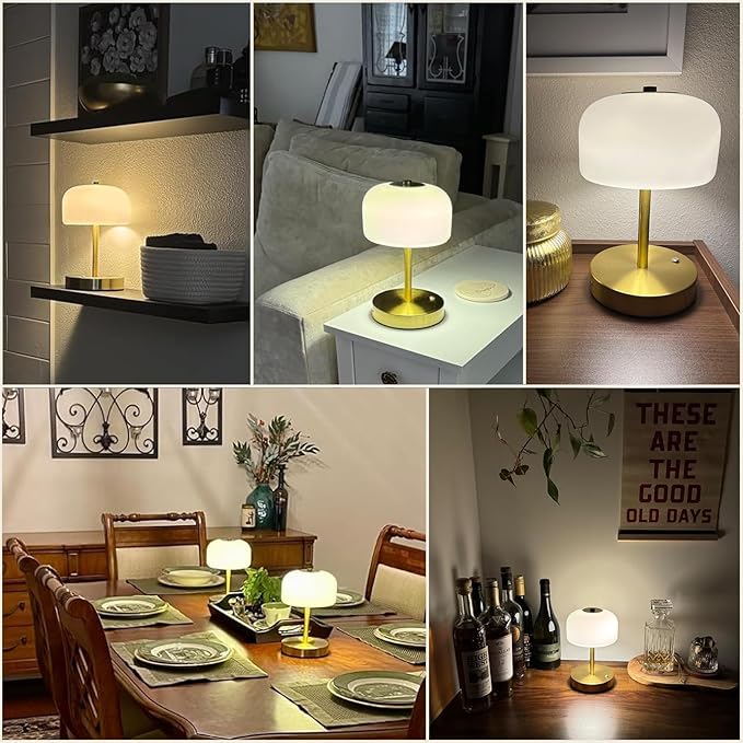 Oneach 9" Cordless Table Lamps Set of 2, Gold Rechargeable Battery Operated Lamp, 3-Way Stepless Dimming Touch Mushroom Lamps, Small Glass Nightlight for Bedroom Dining Table Living Room Shelf Decor