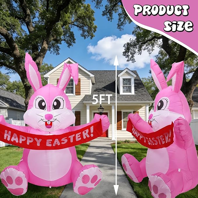 Dearsun 5FT H Adorable Easter Inflatable Bunny Holding a Banner, Easter Bunny Blow up Yard Decorations Giant Pink Bunny with LED Lights for Holiday Party Indoor Outdoor Décor