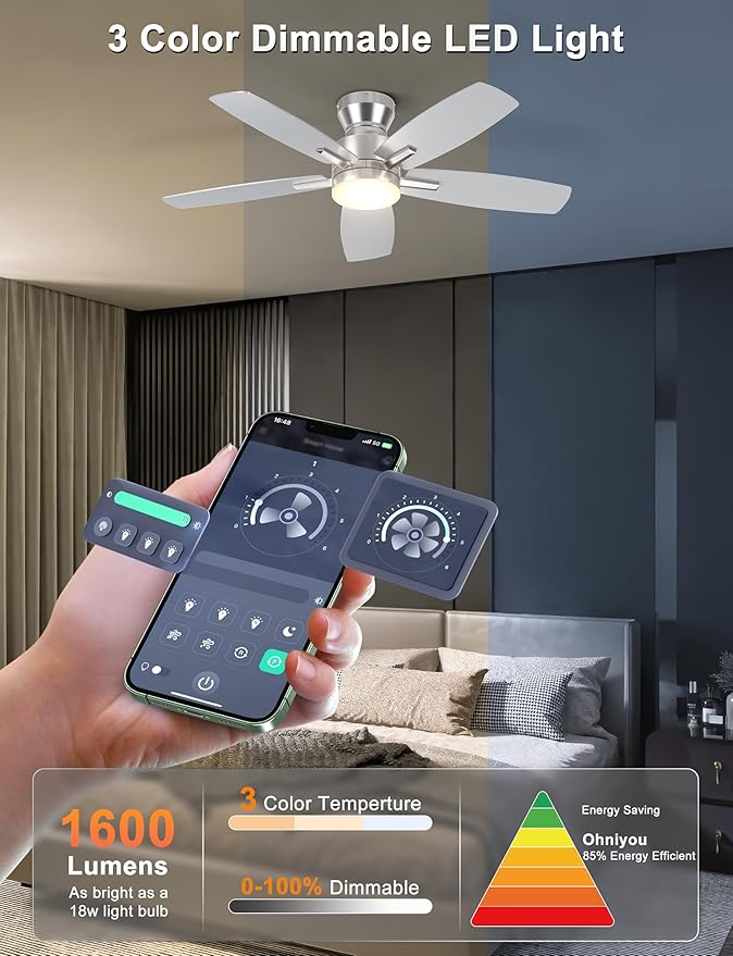 Ohniyou Ceiling Fans with Lights, 42'' Low Profile Ceiling Fan with Light and Remote/APP Control, Modern Flush Mount Ceiling Fan for Indoor Bedroom Kitchen, Dimmable, Qiuet DC Motor, Silver