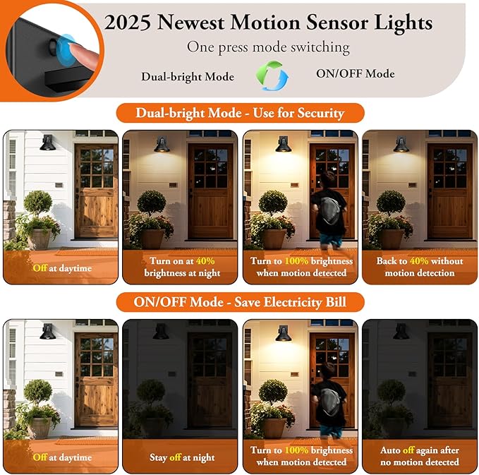 Brightever Motion Sensor Outdoor Wall Lights, Dusk to Dawn Porch Lights Outdoor Wall Sconces, Exterior Barn Lighting Fixtures with Outlet, Black Outside Lights for House, 2-Pack