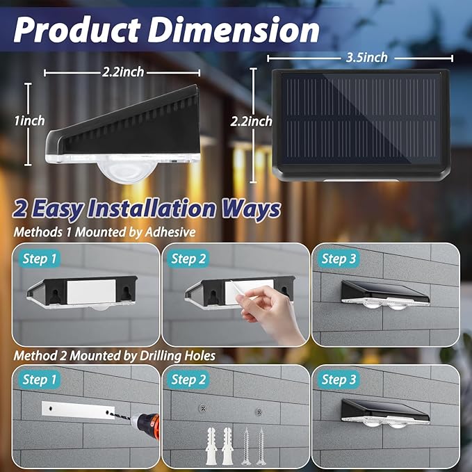 Solar Lights Outdoor Waterproof 4-Pack, Backyard LED Fence Lighting Outside Solar Powered with 3 Modes (3000K/4500K/6500K) for Deck, Step, Stairs, Balcony, Yard, Patio, Walkway, Pathway, Railing