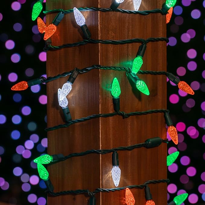 70 Light 24Ft St. Patrick’s Day Lights Commercial String Lights C6 LED Strawberry Faceted Bulb – Green/White/Orange, Green Wire, Indoor/Outdoor, Full Wave No Flicker, Connect 43 Sets