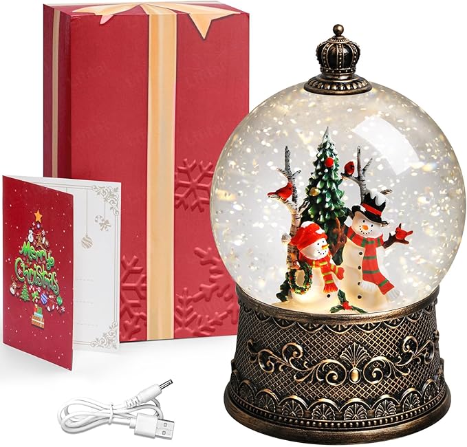 Snowman Snow Globe Lantern Christmas Snow Globes, Lighted Christmas Decorations Indoor for Home with Music Timer Glitter, Musical Snowglobe Festival Gifts, USB & Battery Operated